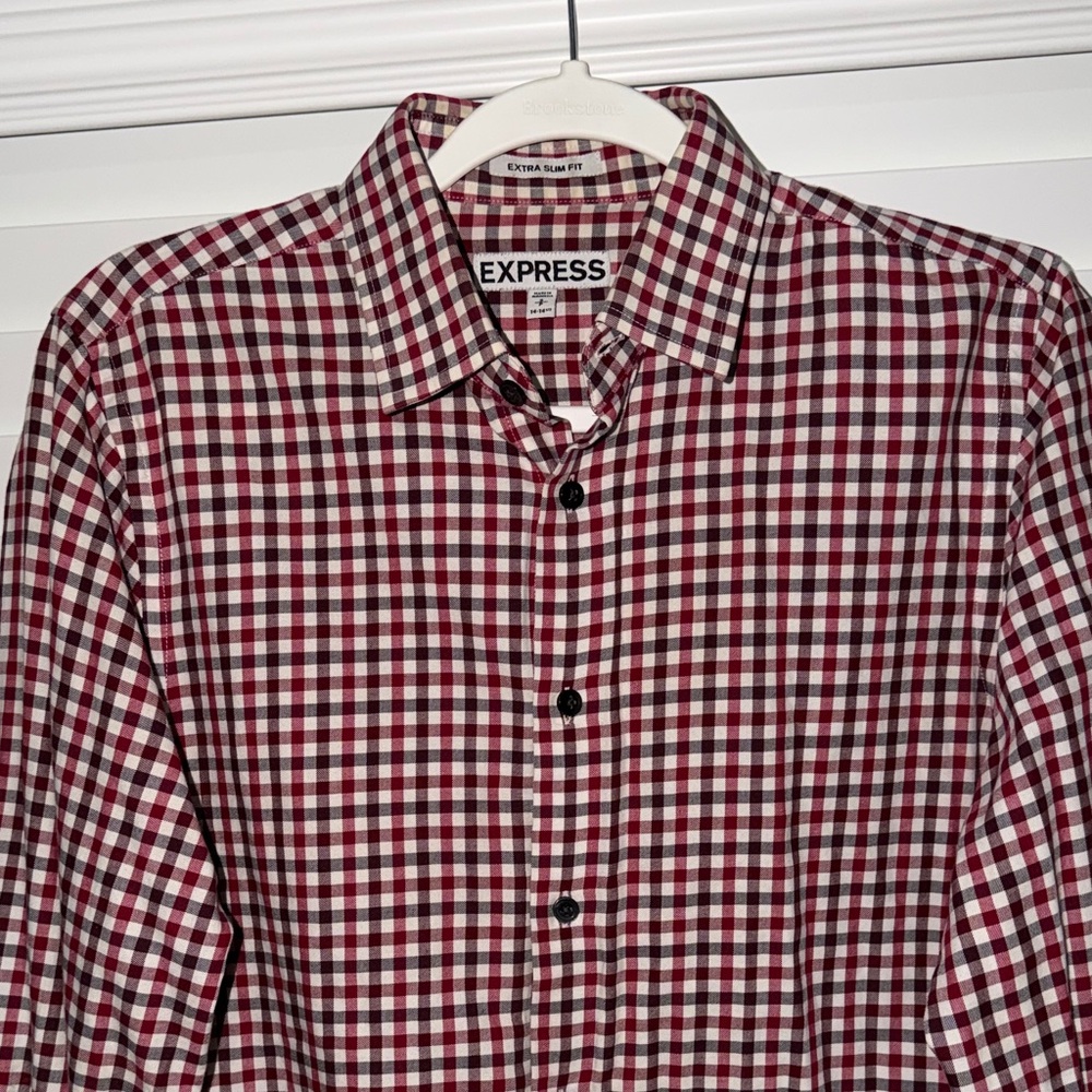 Express Men's Burgundy and White Check Button-Down Shirt